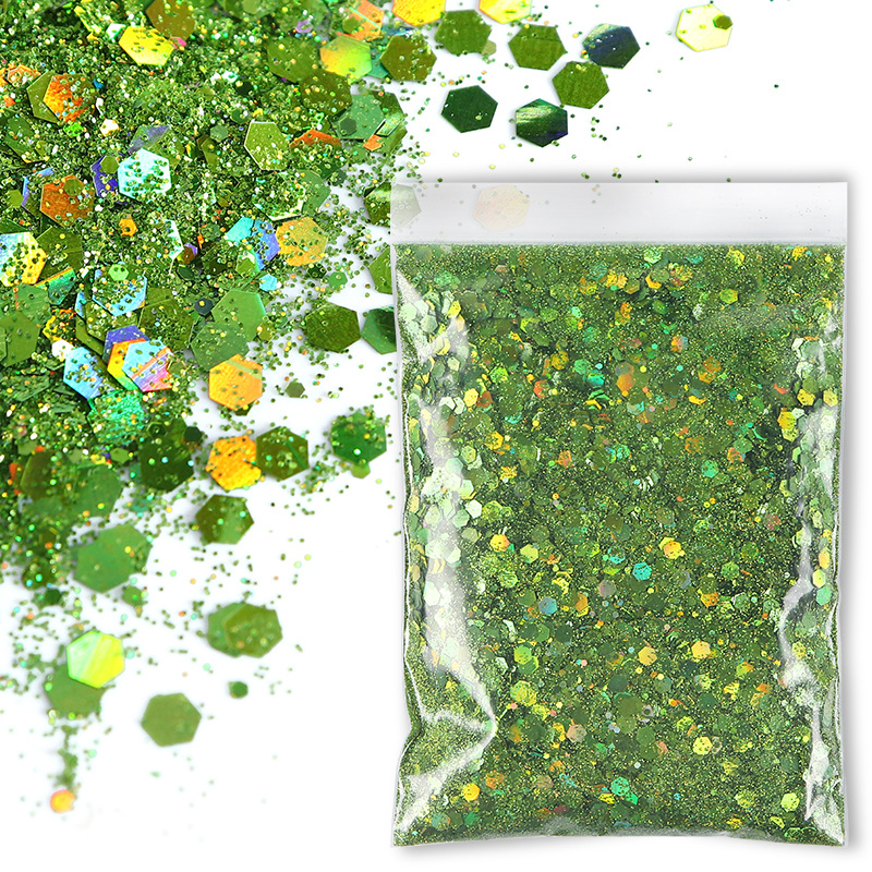 Sachets de 50g de poudre laser hexagonale mélangée - Vert clair laser