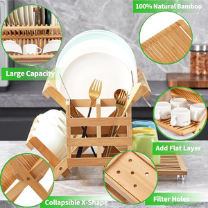 Bamboo Dish <b>Rack</b> Foldable Kitchen Countertop Drainer For <b>Plates</b> Bowls Cups With Utensil Holder L Size - Product Image 3