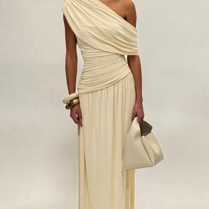 Elegante señoras un hombro Color sólido vestido irregular moda mujer ropa chica Casual largo Maxi vestidos - Product Image 3