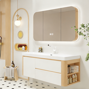 Modern Wooden Wind Curved Ceramic Ocean Basin Smart <b>Mirror</b> Cabinet with Wood Grain Bathroom <b>Vanity</b> Unit for Hospital Use - Product Image 1