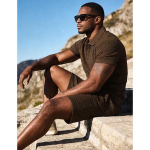 Ensemble polo d'été pour homme personnalisé, chemise à manches courtes texturée et short respirant en tricot 100% polyester, tenue de plage et de golf - Product Image 5