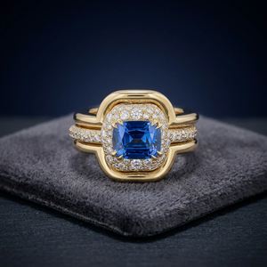 Luxury Blue Sapphire Halo Ring 18K Gold Diamond <b>Statement</b> Ring for Women - Product Image 3