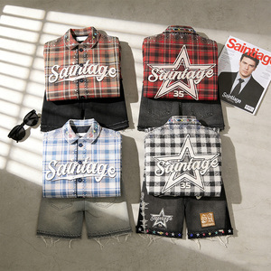 סט מכנסיים קצרים וחולצה משובצת רטרו לגברים, בהתאמה אישית, 100% כותנה, עיצוב וינטג' משופשף עם הדפס אותיות מקושטות באבני חן, מהיר לייצור - Product Image 3