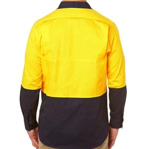 在庫品 高視認性 通気性 綿 イエロー/ネイビー ツートン 長袖 建設 反射 安全 UPF50+ Hi-Vis 作業シャツ - Product Image 3
