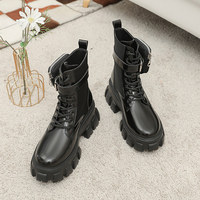Nouvelles Bottines Western Hautes en Cuir Noir de Qualité Supérieure pour Femmes, Bout Rond, Fermeture à Lacets, Collection Hiver Automne, Grande Vente