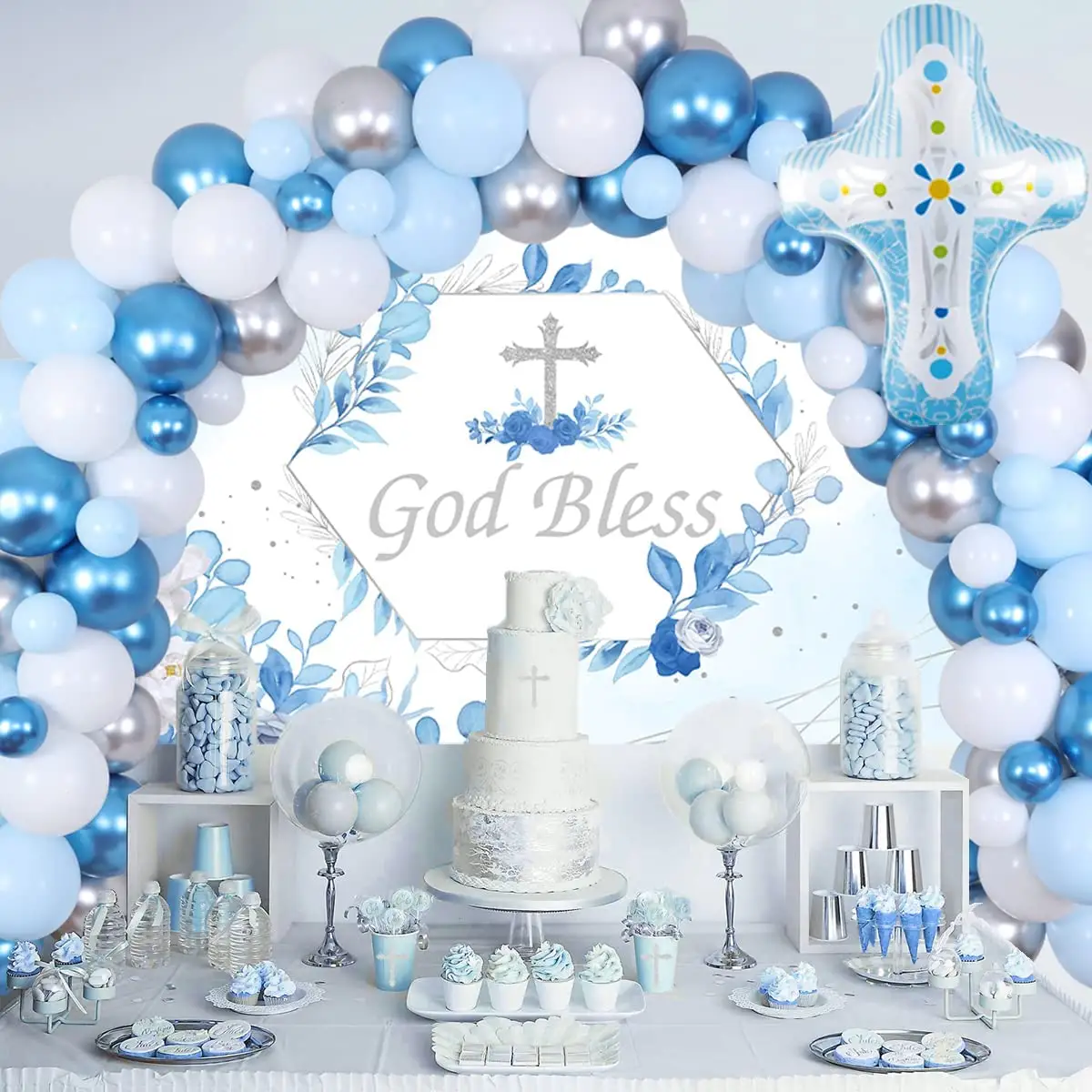 Décorations de fête de baptême bleu pour garçons, Kit de guirlande de ballons bleu et argent avec fond de bénédiction