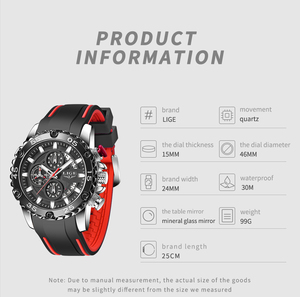 Montre chronographe LIGE LG10027 pour homme, analogique à quartz, grand cadran, bracelet en silicone, montres de luxe pour homme, étanche, 3 aiguilles, Relojes Para Hombre - Product Image 6