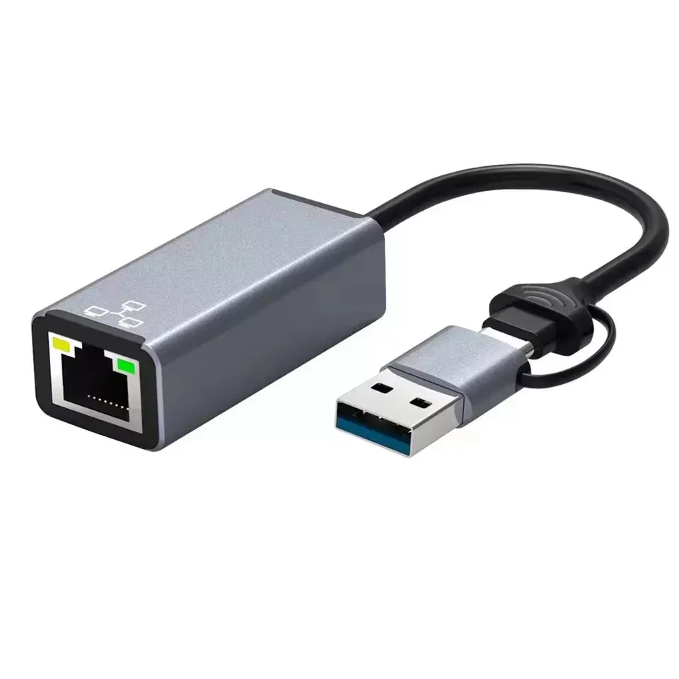 Konverter Tipe C dan USB 2 in 1 ke Ethernet, adaptor 10/100/1000Mbps USB C ke RJ45 untuk Laptop