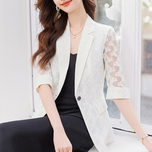 Lace Blazer For Women White Hollow Three Quarter Sleeve Summer Breathable Elegant Versatile Thin Top Petite Size - Product Image 1