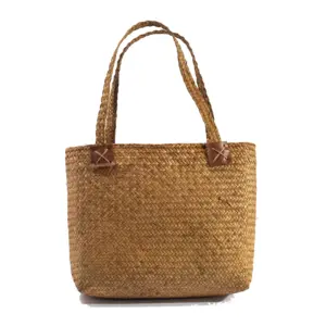 HBK กระเป๋าสะพายไหล่เป็นมิตรต่อสิ่งแวดล้อม,กระเป๋าโท้ทหญ้าทะเลหวายธรรมชาติสานด้วยมือพร้อมหูจับ