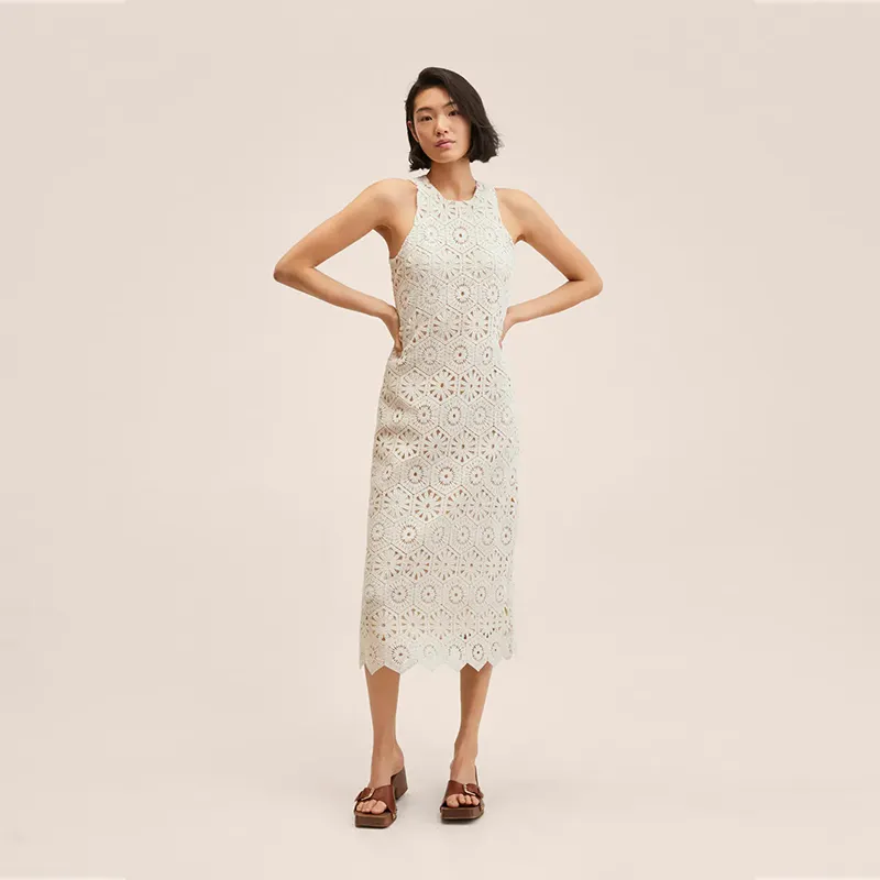 2022 Latest Openwork Design Straight Cotton Blend Rounded Neck Sleeveless Crochet Cotton Long Dress Elegant