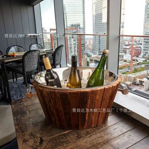 Cubo de hielo de madera de acacia redondo con asa para enfriar bebidas en fiestas - Product Image 5