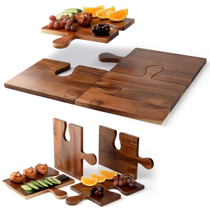 4 Set Puzzle Handles Acacia Wood Charcuterie Chopping Board Set Custom Wooden Cutting Boards for Serving Food Meat