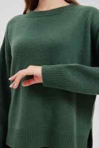 Pull-over en cachemire 100% pour femme, col rond, manches chauve-souris, jacquard épais, décontracté, hiver, tricoté, manches longues, uni, vert - Product Image 3