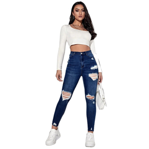2026 Women's High-<b>Waisted</b> Ripped Skinny <b>Jeans</b>, Distressed <b>Elastic</b> Fitted Denim, Casual Streetwear - Product Image 6
