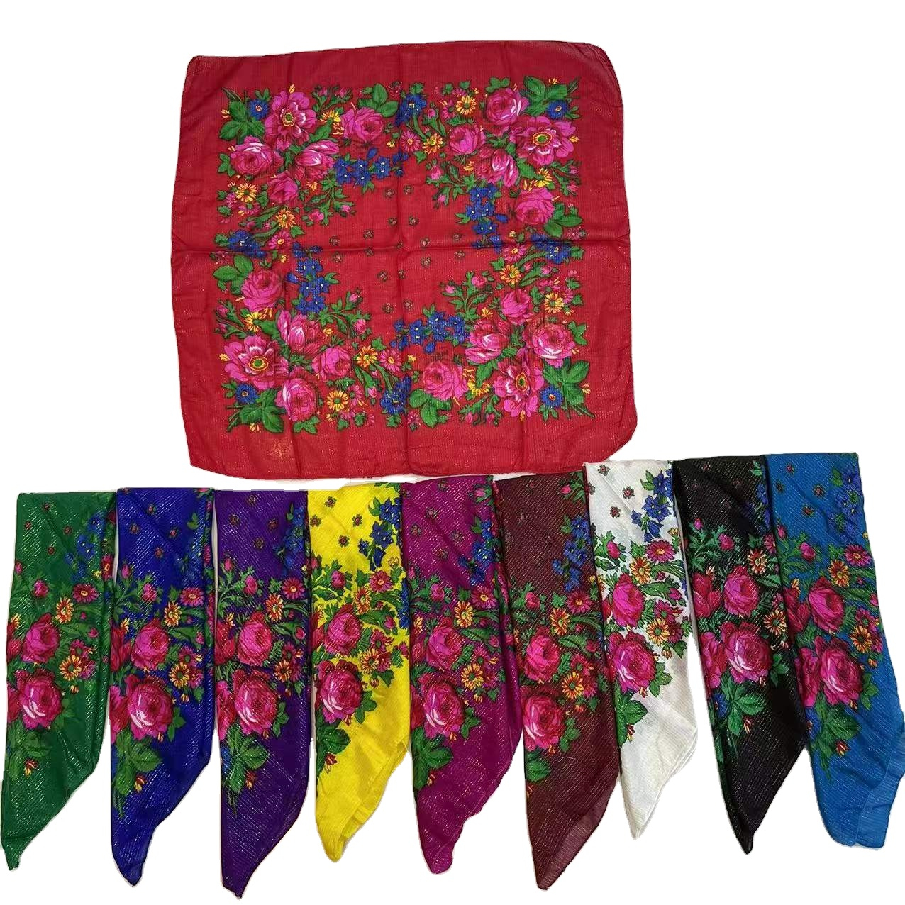 Großhandel Hersteller Hot Sale Schals Schals Blumen druck Frauen Acryl Quadrat Russische Schals Mit Glänzenden Lurex