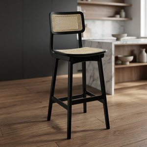 Silla de Bar Moderna y Resistente con Asiento y Respaldo de Ratán, Base Cromada y Estructura de Madera Negra para Hogar, Bar, Hotel, Comedor, Cafetería y Restaurante - Product Image 2