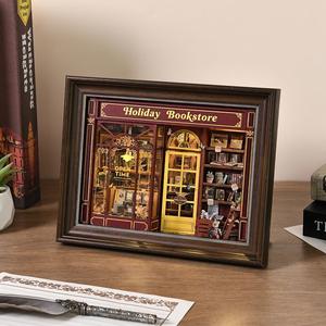 Mini maison de poupée en bois sur le thème de la <span class=keywords><strong>librairie</strong></span> de rue, ornements de cadre photo, cabane DIY à assembler soi-même, blocs de construction, jouet cadeau - Product Image 1