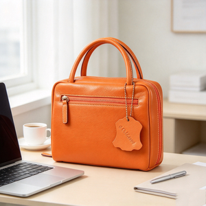 Bright <b>Orange</b> Leather Women <b>Handbag</b> Front Zipper Pocket Pendant Decor Portable Daily Top Handle Bag - Product Image 4