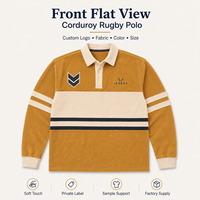 IKDEER Polo de rugby personnalisé pour homme à manches longues en velours côtelé, jaune gingembre moutarde, avec patch chevron, style preppy, fabrication usine