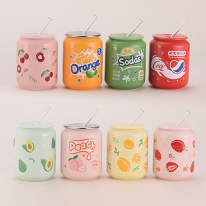 Ly sứ in chuyển nhiệt nhiều màu sắc dễ thương, dùng được cho cà phê, nước ép, sữa, trà, kèm nắp và ống hút - Product Image 1