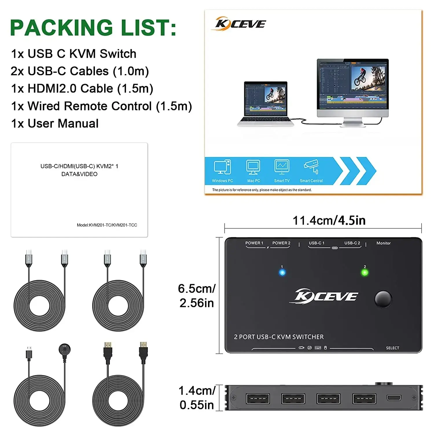 KVM 4k @ 60hz 2 port USB-C + HD port KVM switch 2 in 1 keluar 4K USB Switch mendukung untuk 2 PC berbagi Keyboard Mouse Printer Display