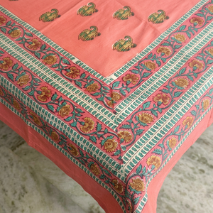 Cotton Modern Pink Solid Handmade Hand Block Table Cover Botanical Design for Home Hotel Use-Pure Prints Rajasthan - Product Image 1