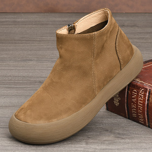 Ankle Bootie Genuine Leather <b>Round</b> <b>Toe</b> Chunky <b>Heel</b> Height Increasing Retro Style Rubber Outsole Solid Color - Product Image 1