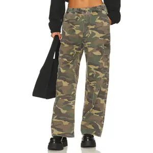 2024 green camo design women's fashionable streetwear pocket cargo pants pleated women stretch jogger pants cotton denim