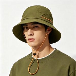 <b>Men</b> Olive Green Wide Brim Bucket <b>Hat</b> UPF50+ Quick Dry Ripstop Outdoor Fishing <b>Sun</b> <b>Hat</b> with Orange Wind Lanyard - Product Image 1