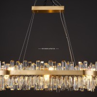 Lustre LED à tiges de cristal à étages, suspension de luxe en verre K9 avec anneaux prismatiques, applique murale en laiton doré pour grand hall d'entrée et villa