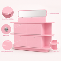 Comptoir de présentation en métal rose de luxe sur mesure avec miroir, tiroirs verrouillables, étagères incurvées, armoire de rangement esthétique