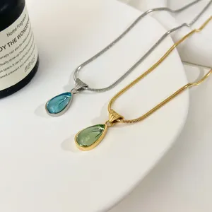 2024 Fashion Jewelry Droplet Shape Green Blue Glass Stone Pendant Necklace Fairy Elegant Stainless Steel Plating Necklace