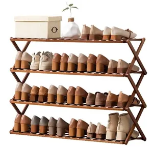 رفوف أحذية من الخيرزان قابلة للطي من 4 طوابق رفوف أحذية قائمة بذاتها متعددة الوظائف منظم تخزين يمكن رصها فوق بعضها