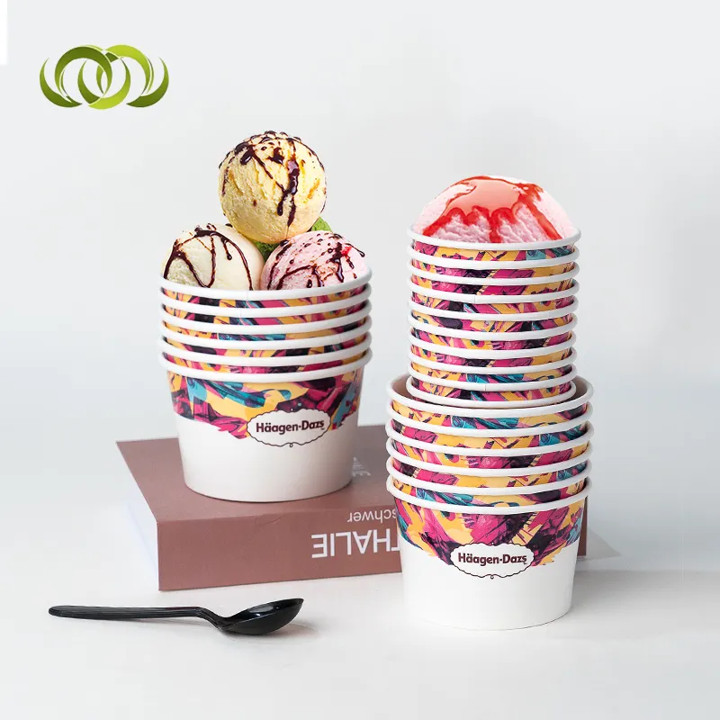 Индивидуальный печатный логотип, одноразовый, современный контейнер для упаковки мороженого, чашка для мороженого с ложкой с крышкой