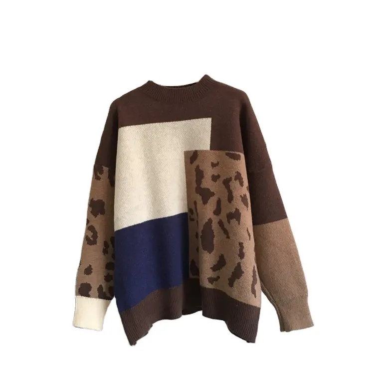 Wholesale 2021 Spring and Autumn Casual Loose Women's Pullover Sweater Retro Color Matching Square Leopard Sweater Women