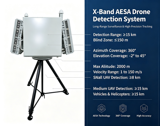 A15 4-Panel AESA Surveillance Radar X-band 360° Azimuth Coverage Low Altitude Multi Target Drone Monitoring System