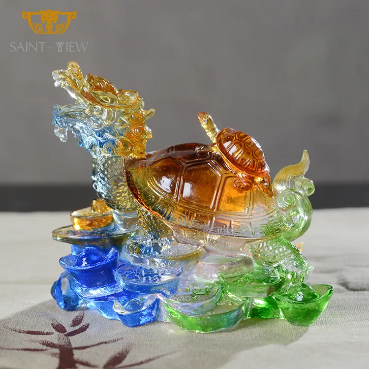 Color esmaltado Liuli Fengshui dragón tortuga madre e hijo tortuga Feng Shui decoración al por mayor