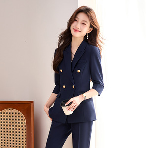 Women's Grey Suit <b>Set</b> Three Quarter Sleeve Notched Collar Anti-Wrinkle <b>Office</b> Lady Autumn Wear - Product Image 4