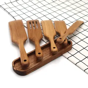 Ensemble de 5 spatules de service en bois de teck naturel, ustensiles de cuisine en bois d'acacia avec support