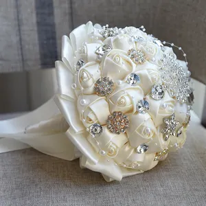 Rose de Bouquet de fleurs avec broche, 24 pièces, Roses en Satin faites à la main, ornement de mariée