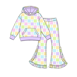 Ensemble deux pièces tendance pour enfants pour la Saint-Patrick, tenue à carreaux verts pour filles avec pantalon pattes d'éléphant - Product Image 2