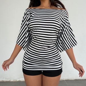 Camiseta Casual a Rayas de Un Solo Hombro y Manga Corta, Diseño Versátil con Botones y Lazos, Estilo Básico y Elegante - Product Image 6