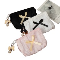 Pochette de maquillage personnalisée style coréen froissé avec nœud mignon, mini porte-monnaie, pochette cosmétique en dentelle douce pour fille avec pendentif perle