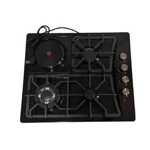 Hornillo de gas para cocina, fabricante profesional de cocina china, 3 quemadores de gas con 1 placa eléctrica, 4 quemadores