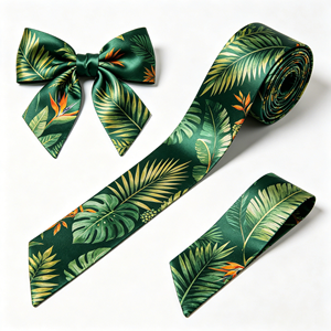 Nœud en satin pré-noué motif feuille tropicale pour bouquet de mariée tropical, décoration florale pour boîte cadeau de plage estivale - Product Image 1
