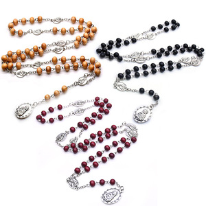 Collier chapelet en perles de bois, longue chaîne, argent tibétain, bijoux religieux unisexe, couleur bordeaux et pin noir - Product Image 1