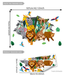 Autocollants <span class=keywords><strong>muraux</strong></span> autocollants pour <span class=keywords><strong>chambre</strong></span> à coucher, effet déchiré simulé de dessin animé, <span class=keywords><strong>jungle</strong></span>, lion, éléphant - Product Image 2