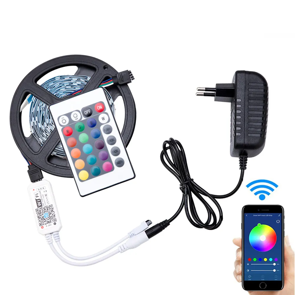 Parlaklığı azaltılabilir LED şerit ışık 12V 5050 RGB Led ışıklar şerit sihirli ev 5m aydınlatma Wifi kontrolü Led şerit tatil aydınlatma