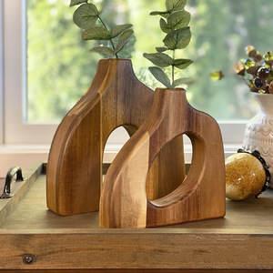 Juego de 2 Jarrones de Madera de Acacia Estilo Bohemio, Forma Irregular, para Arreglos Florales, Decoración de Sala de Estar - Product Image 4